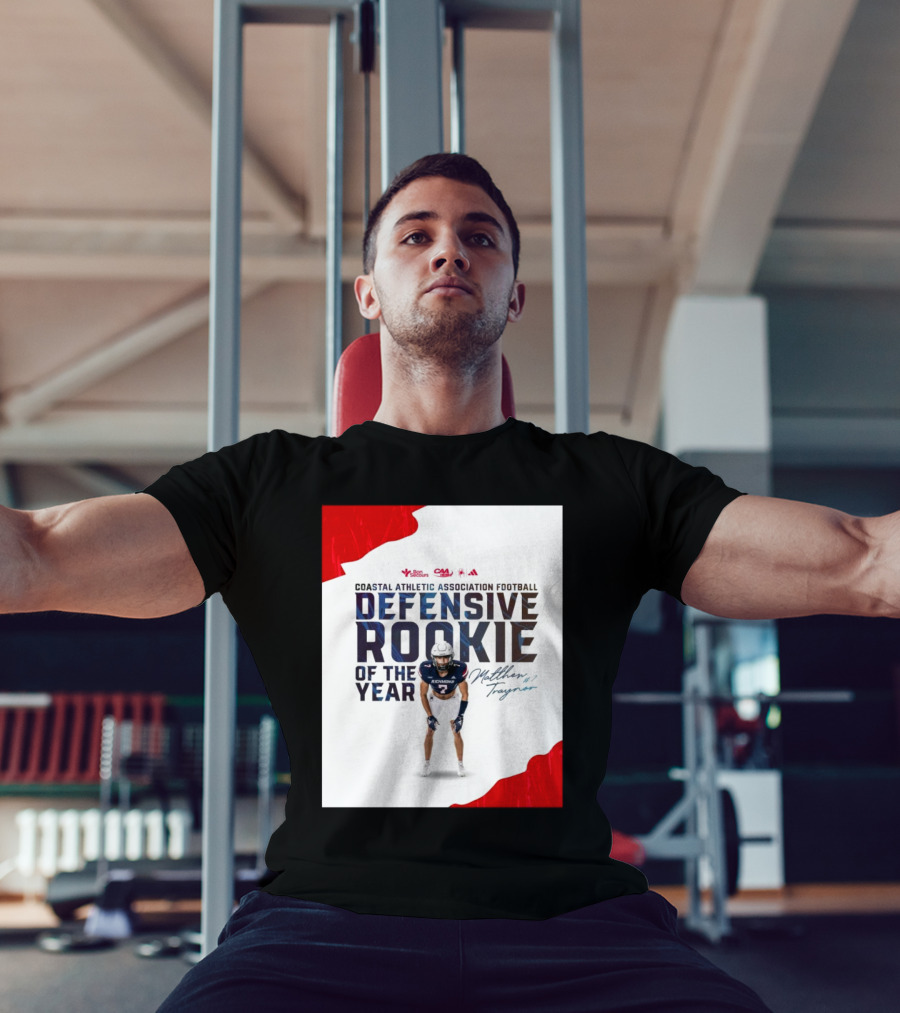Coastal Athletic Association Football Defensive Rookie Of The Year Matthew Traynor Signature Richmond #2 Red Blue White Football Graphics T-Shirt