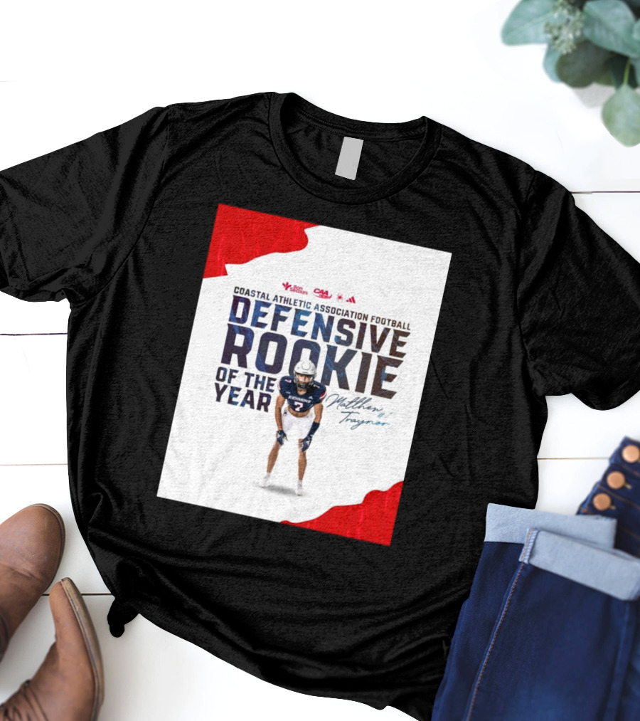 Coastal Athletic Association Football Defensive Rookie Of The Year Matthew Traynor Signature Richmond #2 Red Blue White Football Graphics T-Shirt