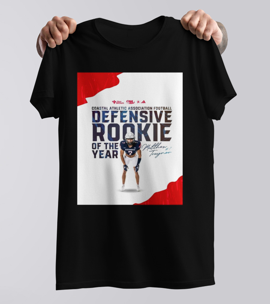 Coastal Athletic Association Football Defensive Rookie Of The Year Matthew Traynor Signature Richmond #2 Red Blue White Football Graphics T-Shirt