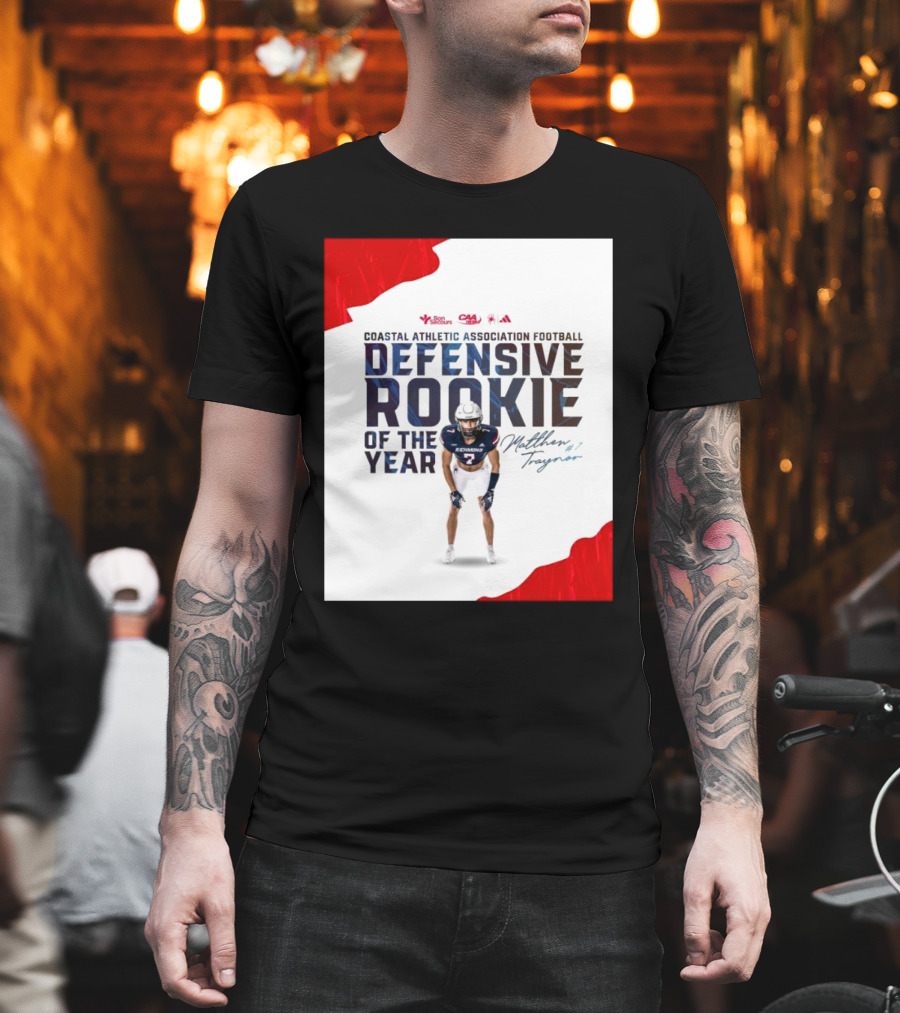 Coastal Athletic Association Football Defensive Rookie Of The Year Matthew Traynor Signature Richmond #2 Red Blue White Football Graphics T-Shirt