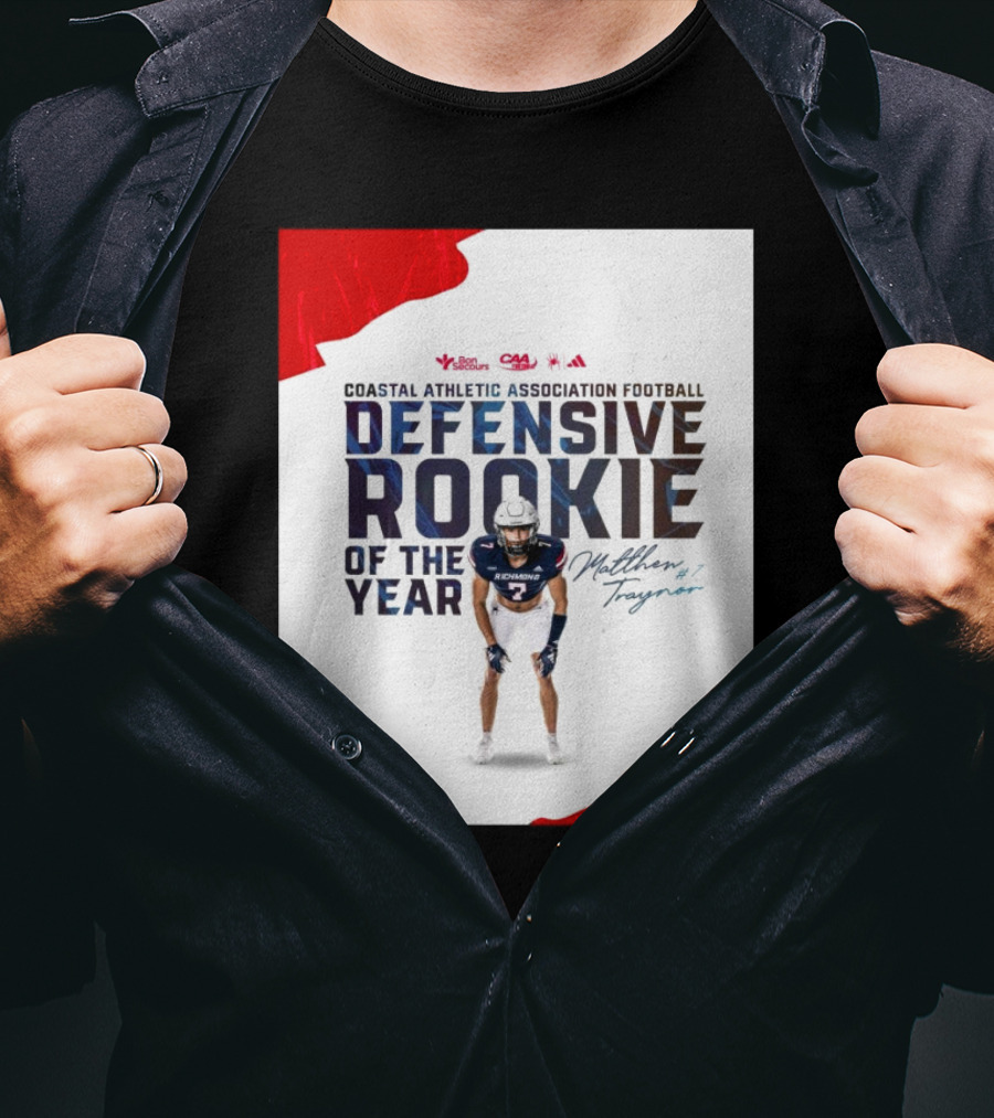 Coastal Athletic Association Football Defensive Rookie Of The Year Matthew Traynor Signature Richmond #2 Red Blue White Football Graphics T-Shirt