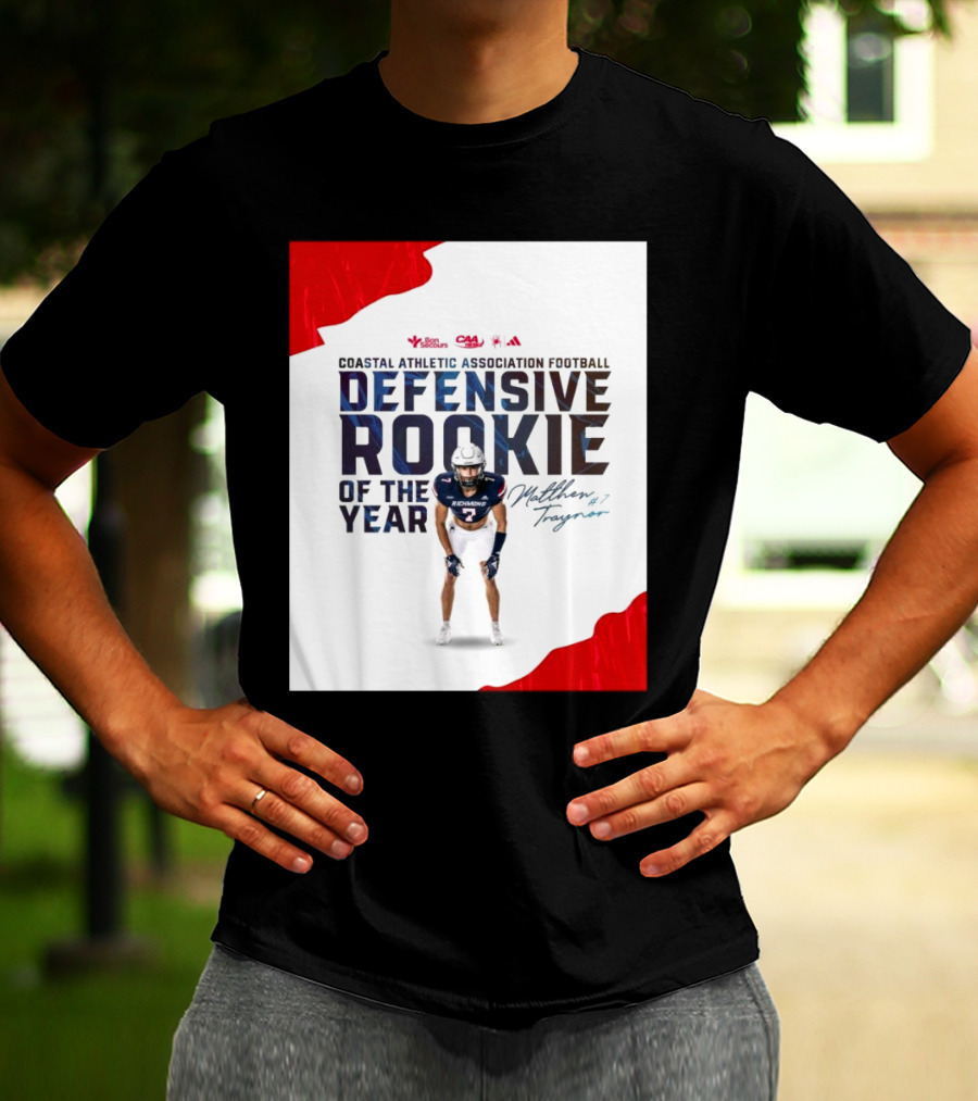 Coastal Athletic Association Football Defensive Rookie Of The Year Matthew Traynor Signature Richmond #2 Red Blue White Football Graphics T-Shirt
