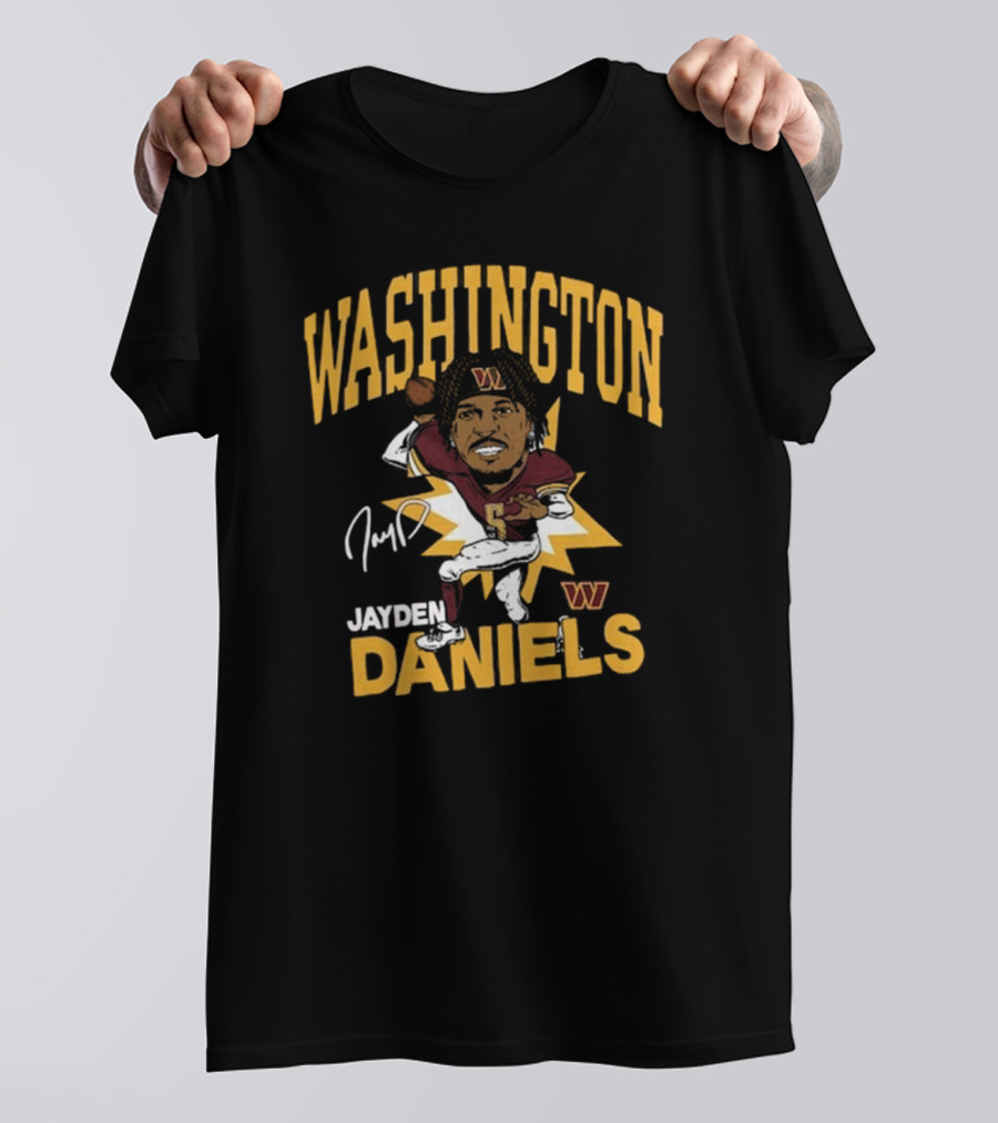 Washington Commanders NFL Jayden Daniels Caricature Player Signature T-Shirt