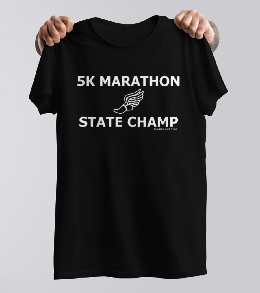 Kofuzi Wearing 5K Marathon State Champ Winged Shoe T-Shirt