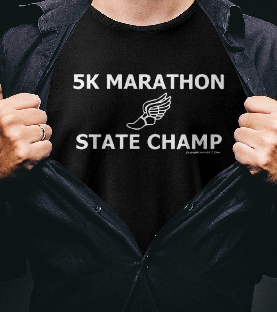 Kofuzi Wearing 5K Marathon State Champ Winged Shoe T-Shirt