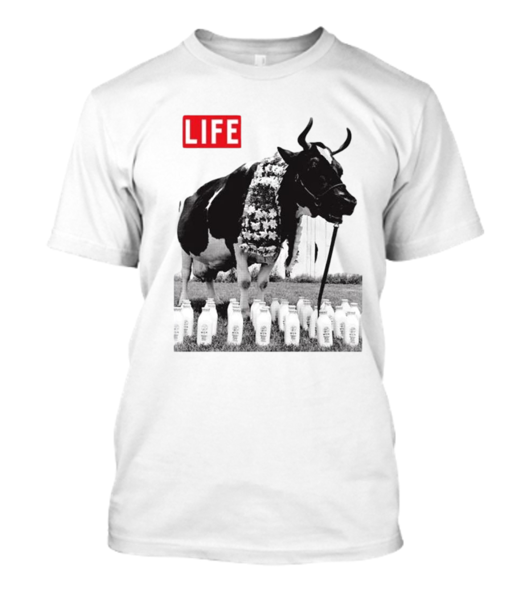 Life Magazine Cow With Milk Bottles And Floral Garland T-Shirt