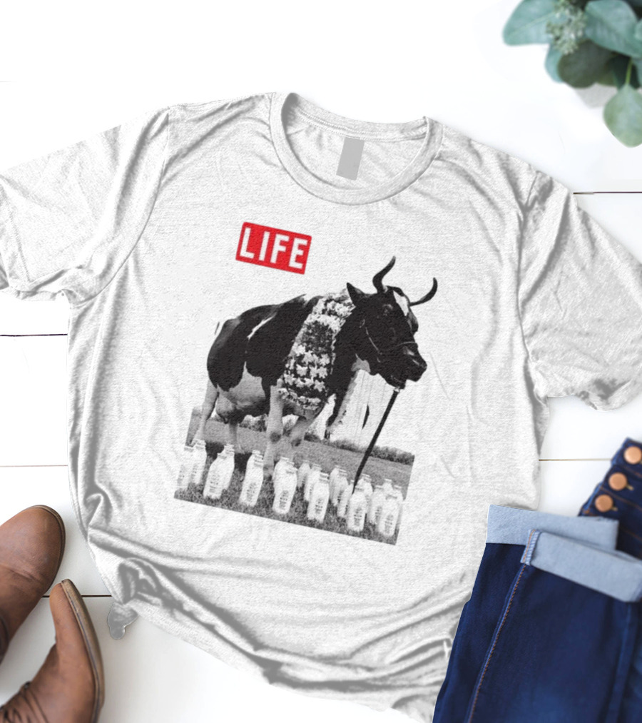 Life Magazine Cow With Milk Bottles And Floral Garland T-Shirt