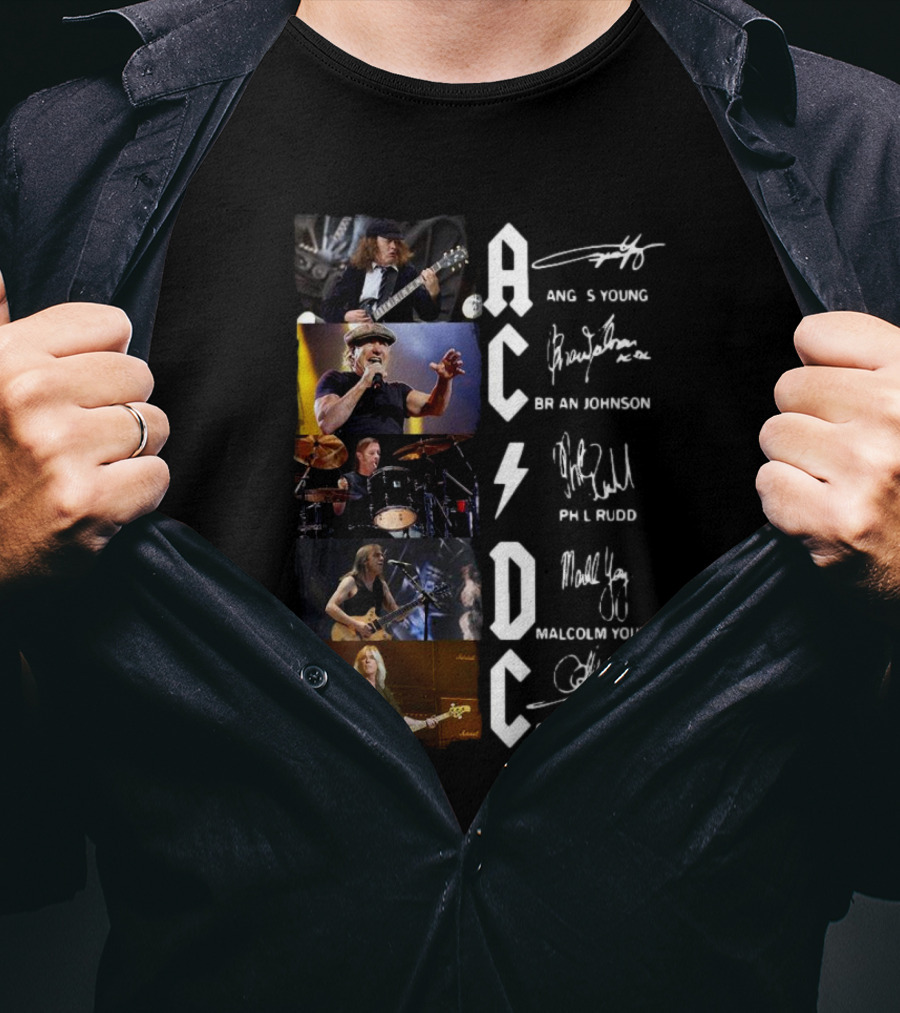 AC DC Angus Young Brian Johnson Phil Rudd Malcolm Young Cliff Williams Signatures Photos T-Shirt