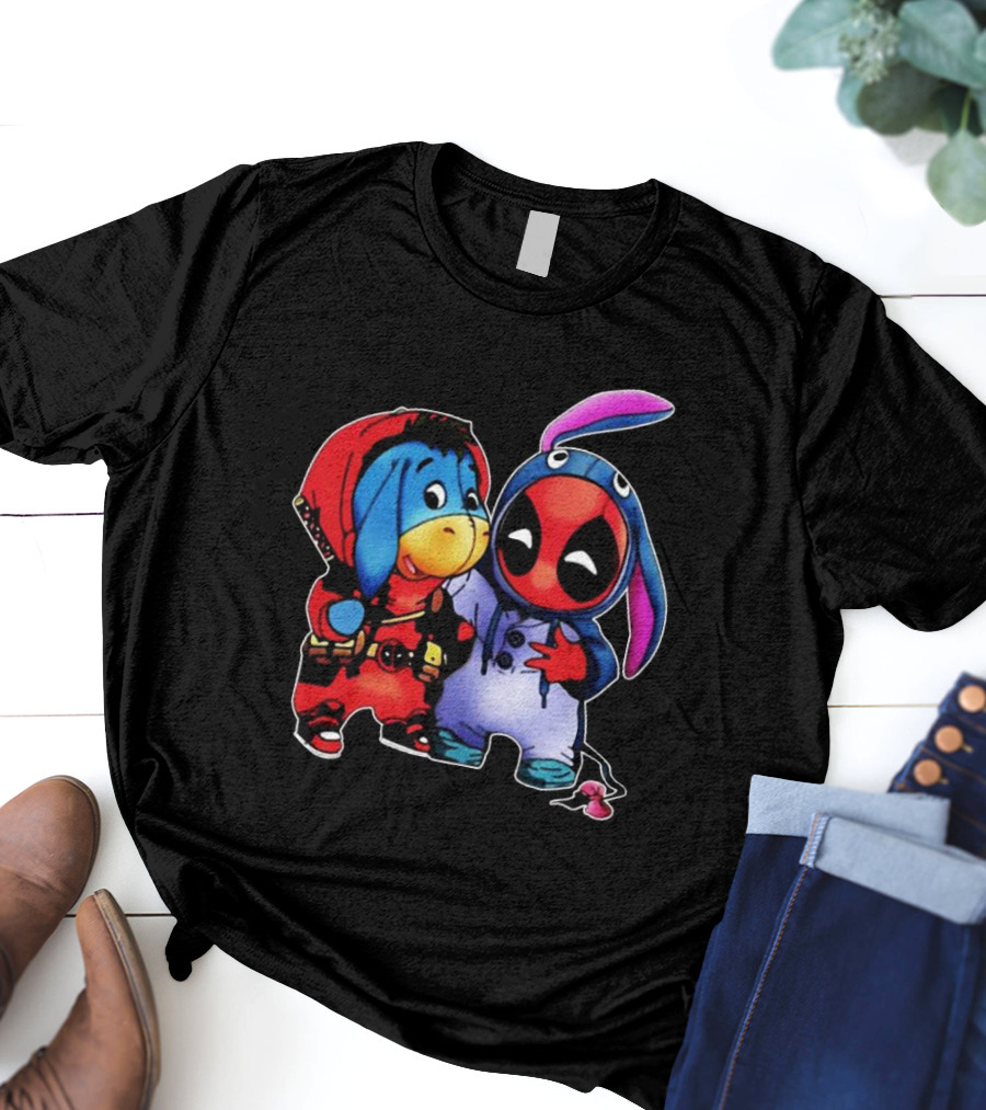 Baby Donkey And Deadpool In Cosplay Onesies With Bunny Ears And Red T-Shirt
