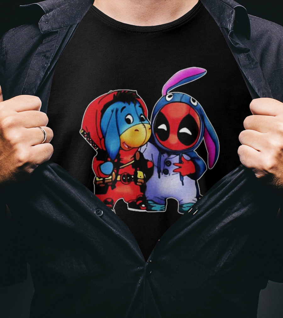 Baby Donkey And Deadpool In Cosplay Onesies With Bunny Ears And Red T-Shirt
