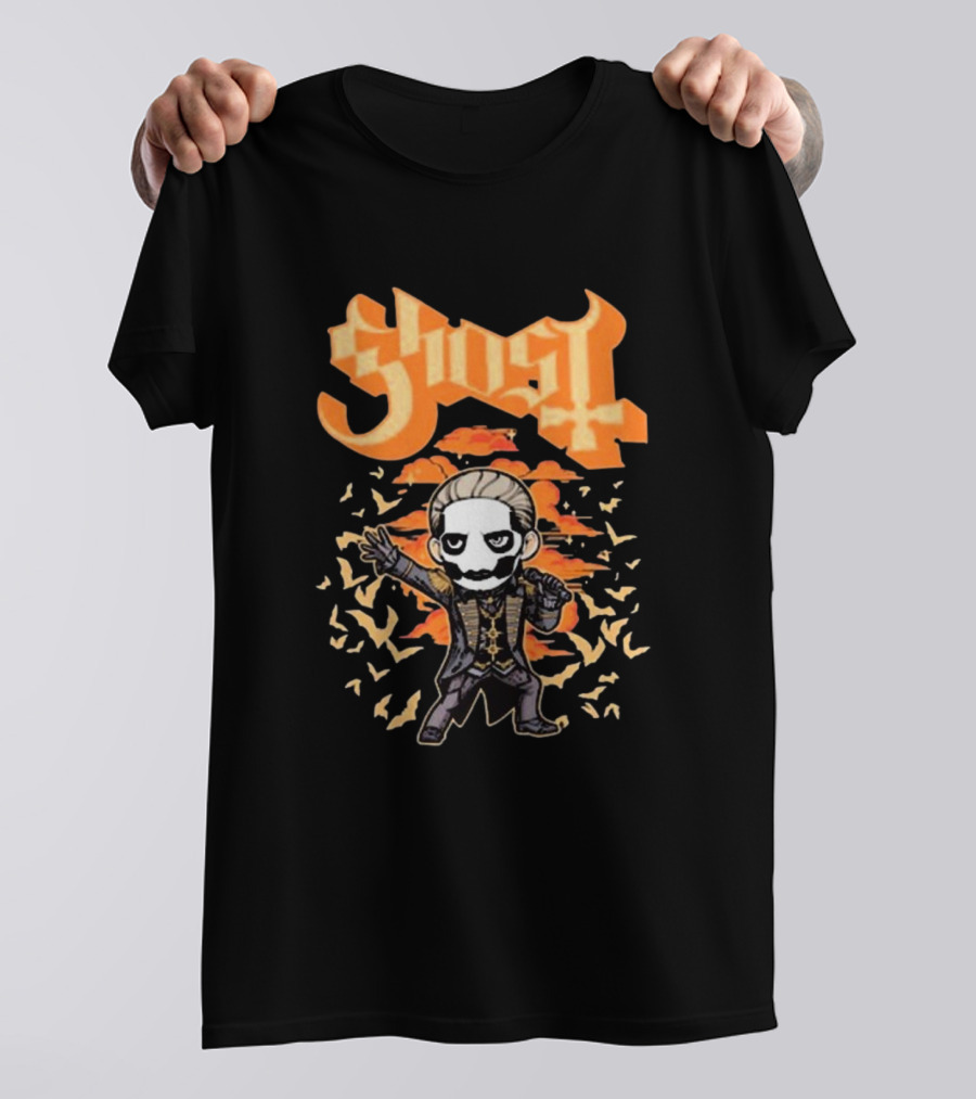Ghost Band Chibi Style Character With Orange Background And Bats T-Shirt