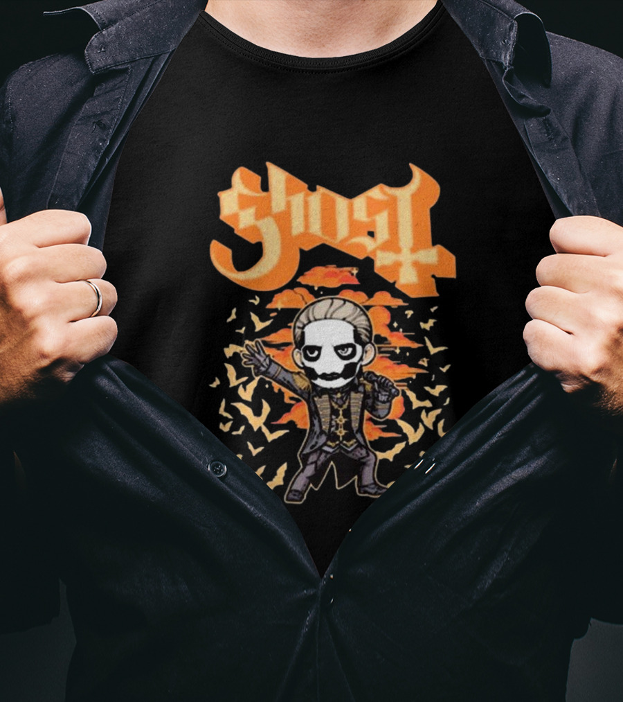 Ghost Band Chibi Style Character With Orange Background And Bats T-Shirt