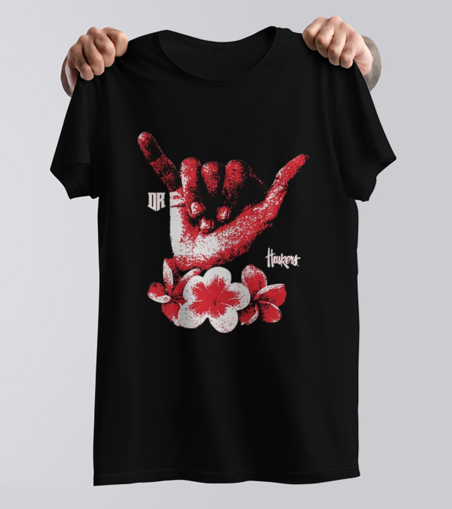 DR Huskers Shaka Hand Red And White Flowers T-Shirt