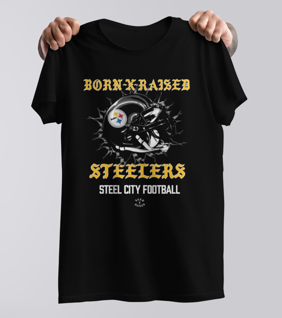 Born X Raised Steelers Steel City Football Helmet T-Shirt
