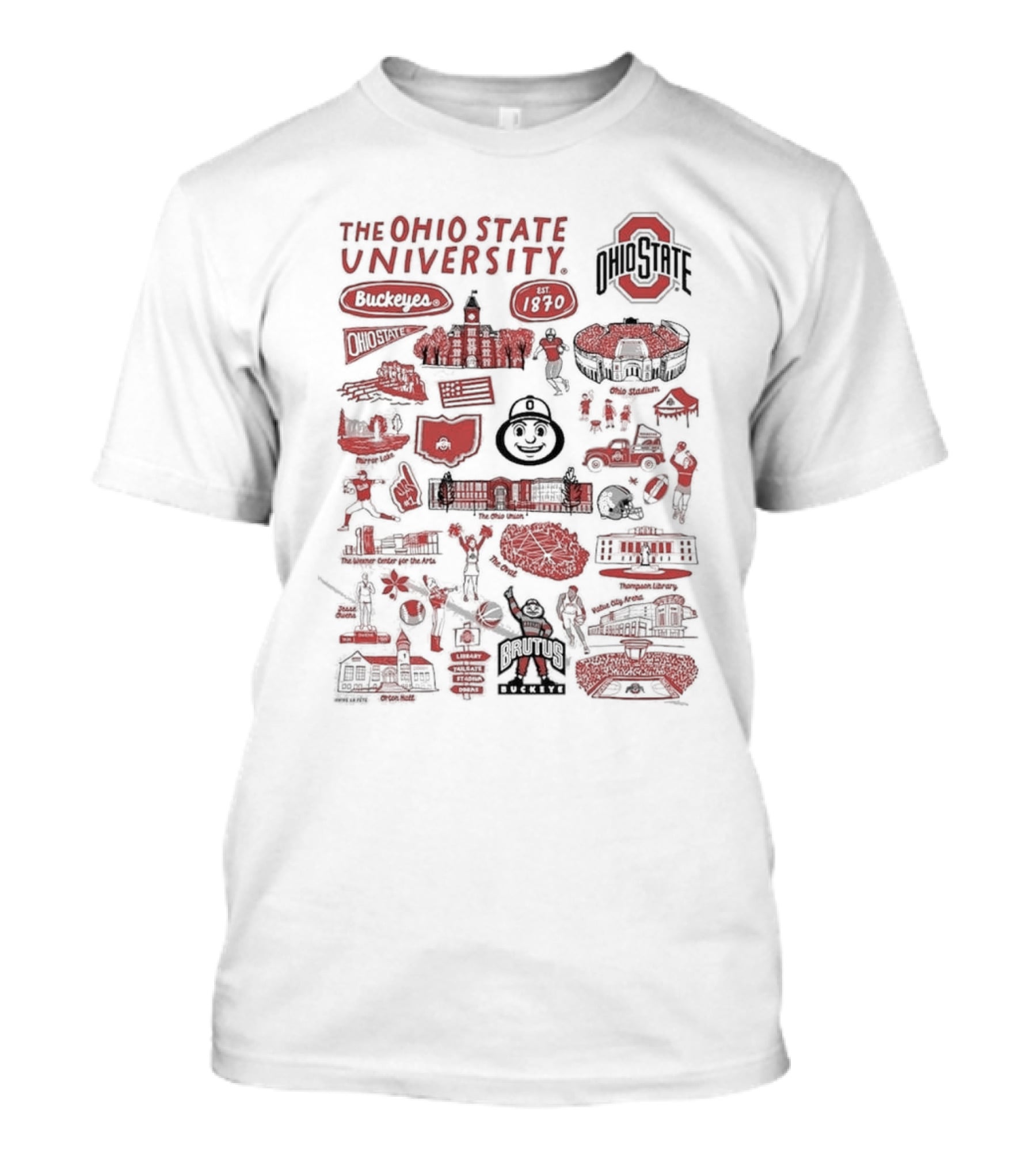 The Ohio State University Buckeyes Brutus Buckeye Est 1870 Scarlet And Gray Landmarks Montage T-Shirt