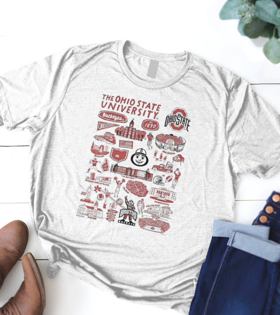 The Ohio State University Buckeyes Brutus Buckeye Est 1870 Scarlet And Gray Landmarks Montage T-Shirt