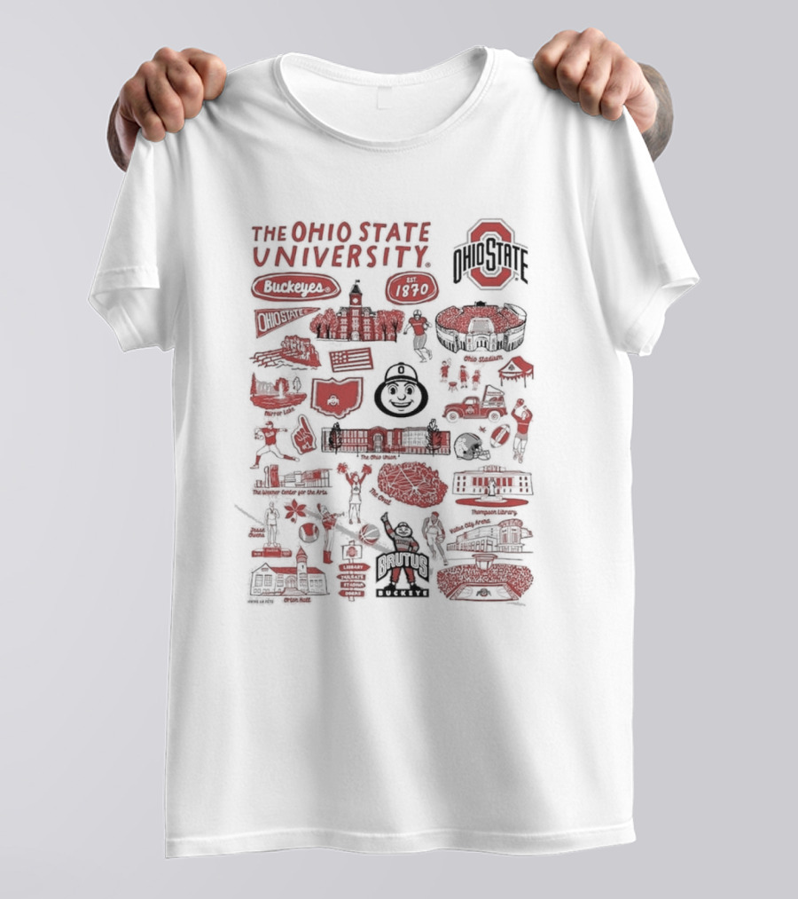 The Ohio State University Buckeyes Brutus Buckeye Est 1870 Scarlet And Gray Landmarks Montage T-Shirt