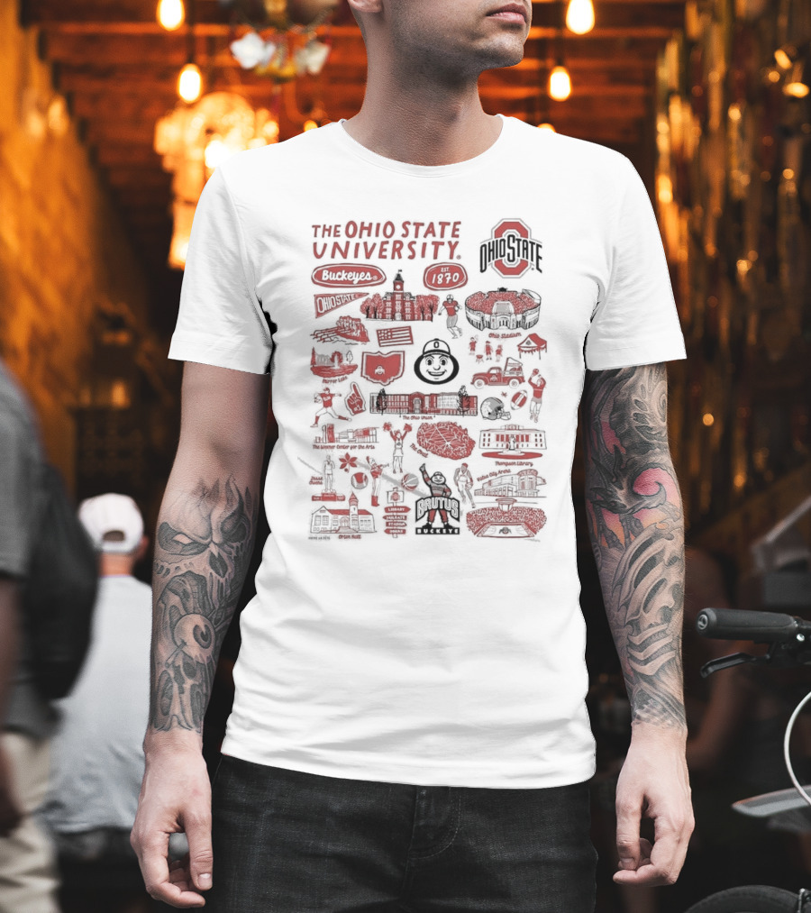 The Ohio State University Buckeyes Brutus Buckeye Est 1870 Scarlet And Gray Landmarks Montage T-Shirt