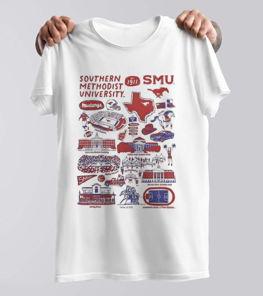 Southern Methodist University SMU Mustangs Est 1911 Vive La Fete Impressions Dallas Iconic Landmarks T-Shirt