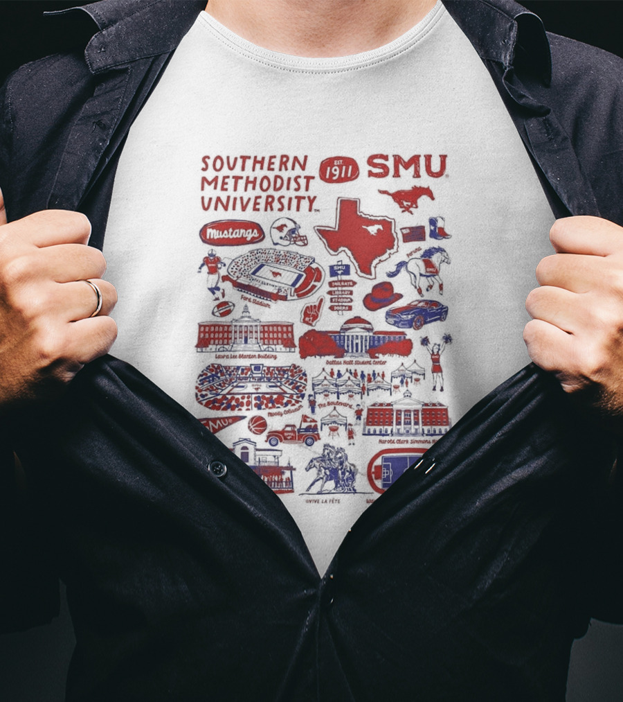Southern Methodist University SMU Mustangs Est 1911 Vive La Fete Impressions Dallas Iconic Landmarks T-Shirt