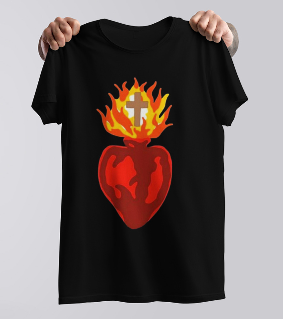 B Lake Sacred Heart Love Of God Cross Flame T-Shirt