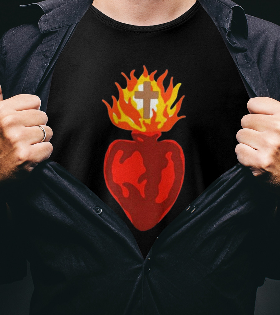B Lake Sacred Heart Love Of God Cross Flame T-Shirt