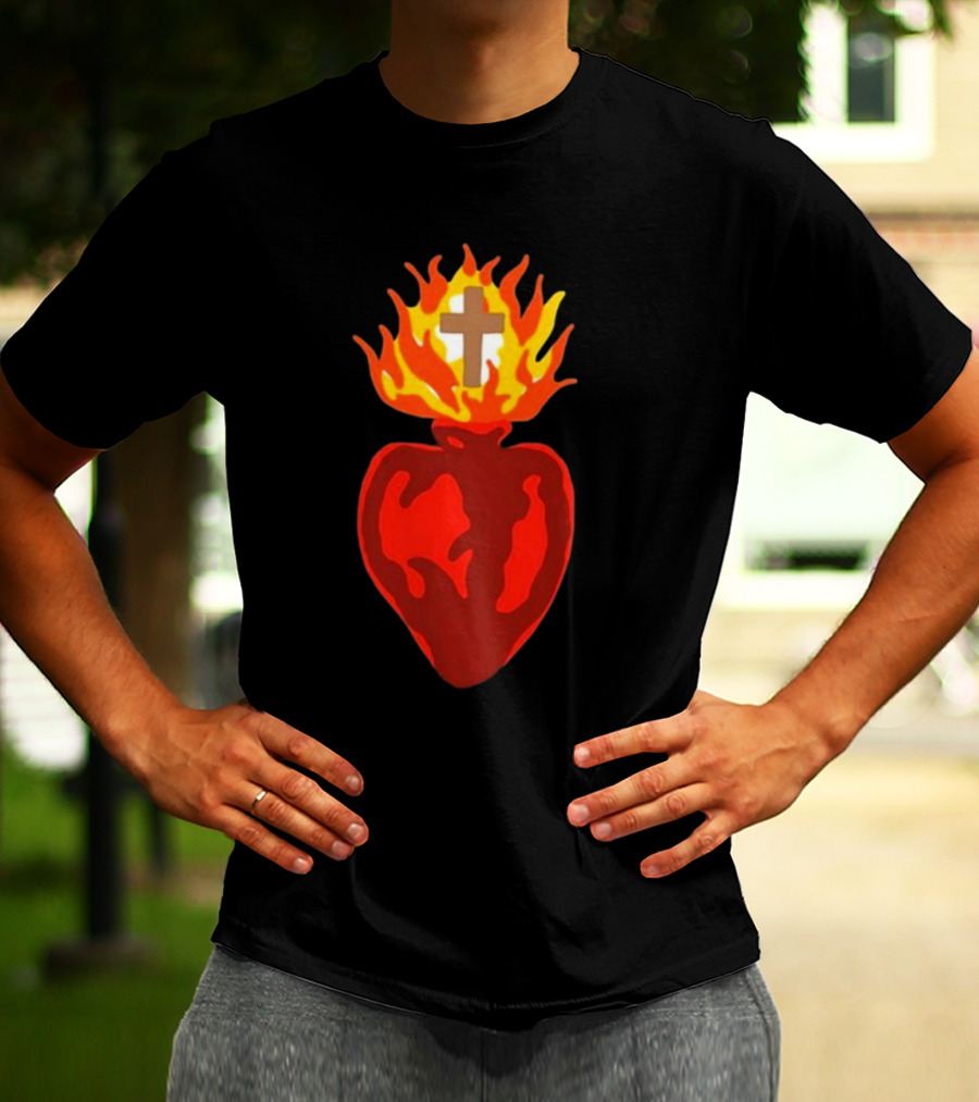 B Lake Sacred Heart Love Of God Cross Flame T-Shirt