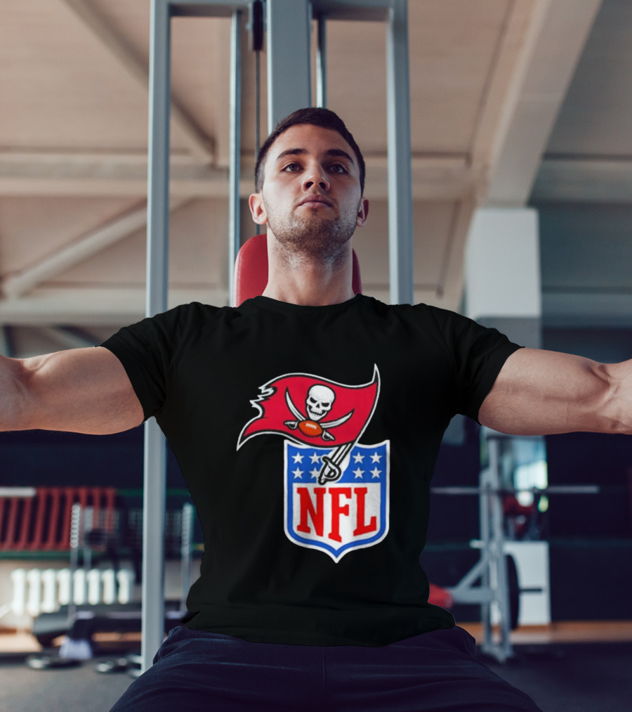 Tampa Bay Buccaneers NFL Collaboration Logo With Pirate Flag And Shield T-Shirt