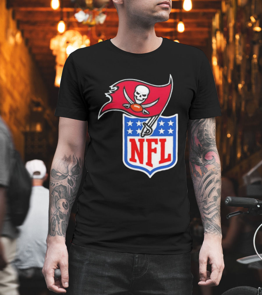 Tampa Bay Buccaneers NFL Collaboration Logo With Pirate Flag And Shield T-Shirt