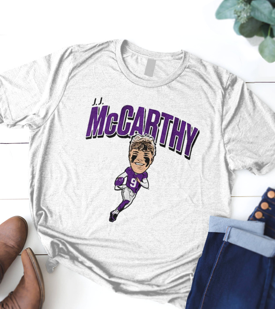 J.J. McCarthy 9 Running Quarterback Caricature T-Shirt
