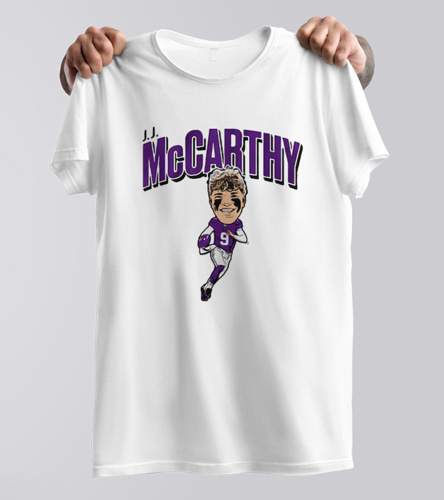 J.J. McCarthy 9 Running Quarterback Caricature T-Shirt