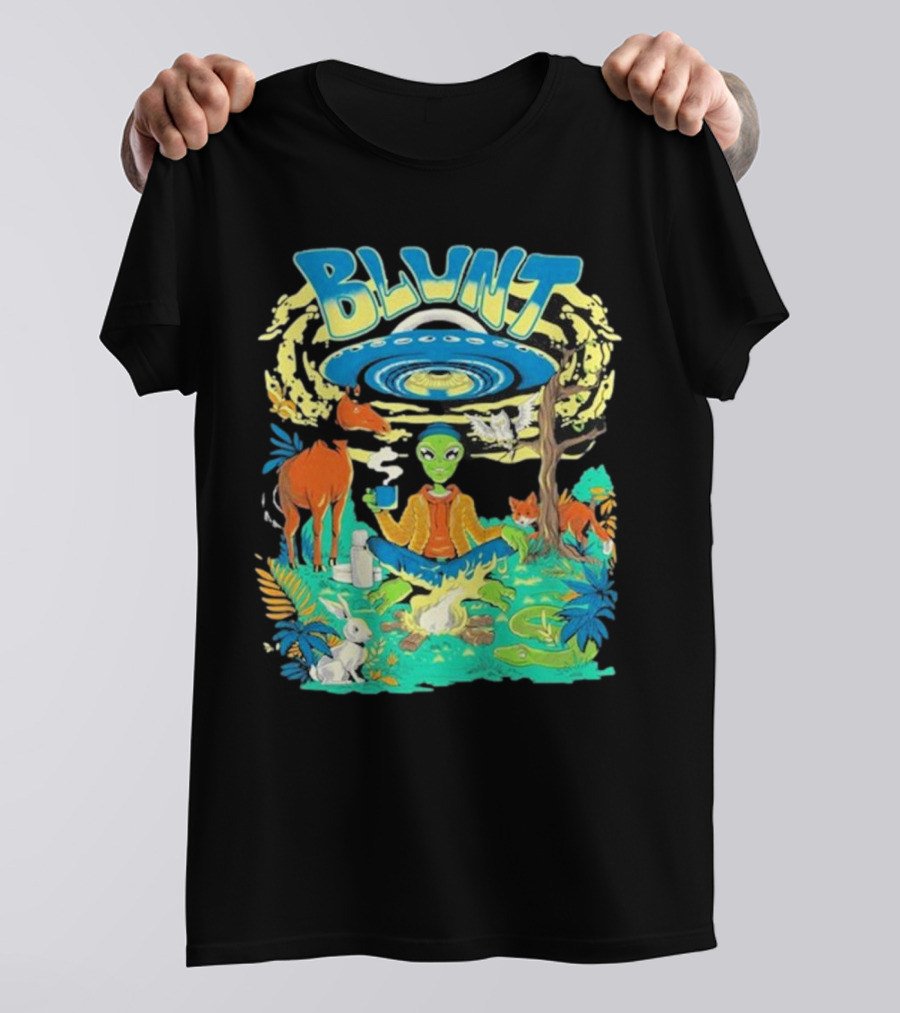 Blunt UFO Alien Smoking Forest Scene T-Shirt