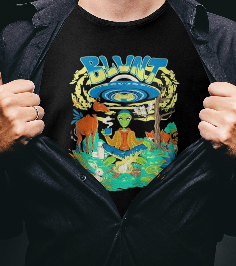 Blunt UFO Alien Smoking Forest Scene T-Shirt