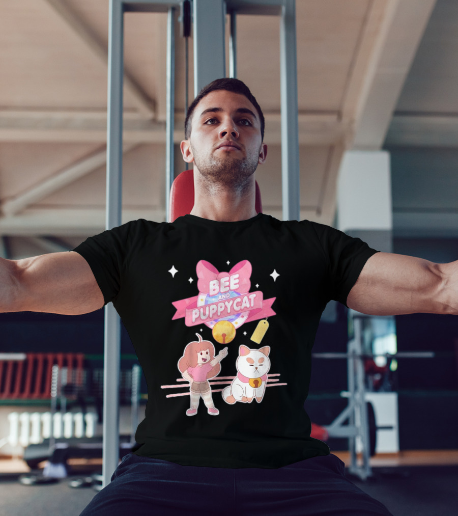 Bee And PuppyCat Cute Cartoon Characters With Pink Bow And Stars T-Shirt