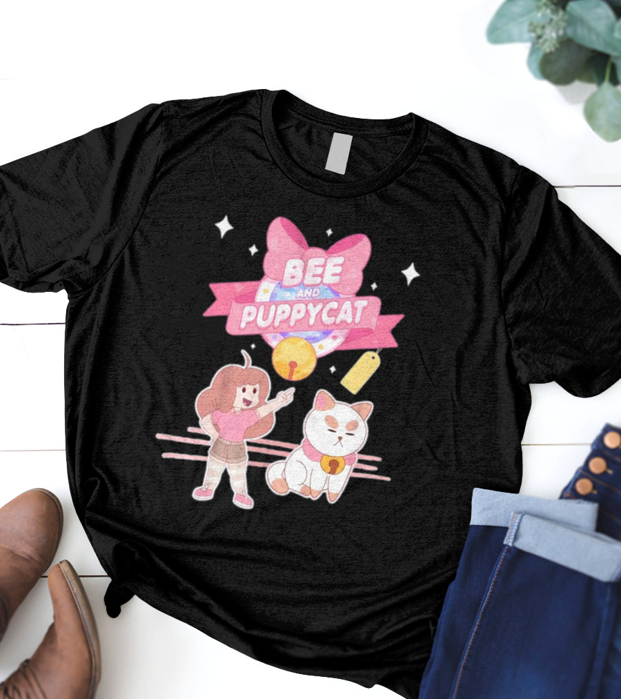 Bee And PuppyCat Cute Cartoon Characters With Pink Bow And Stars T-Shirt