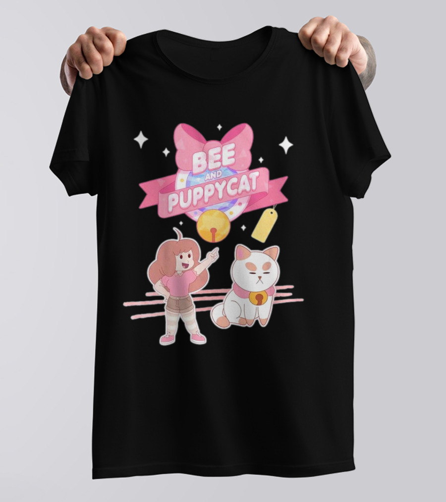 Bee And PuppyCat Cute Cartoon Characters With Pink Bow And Stars T-Shirt