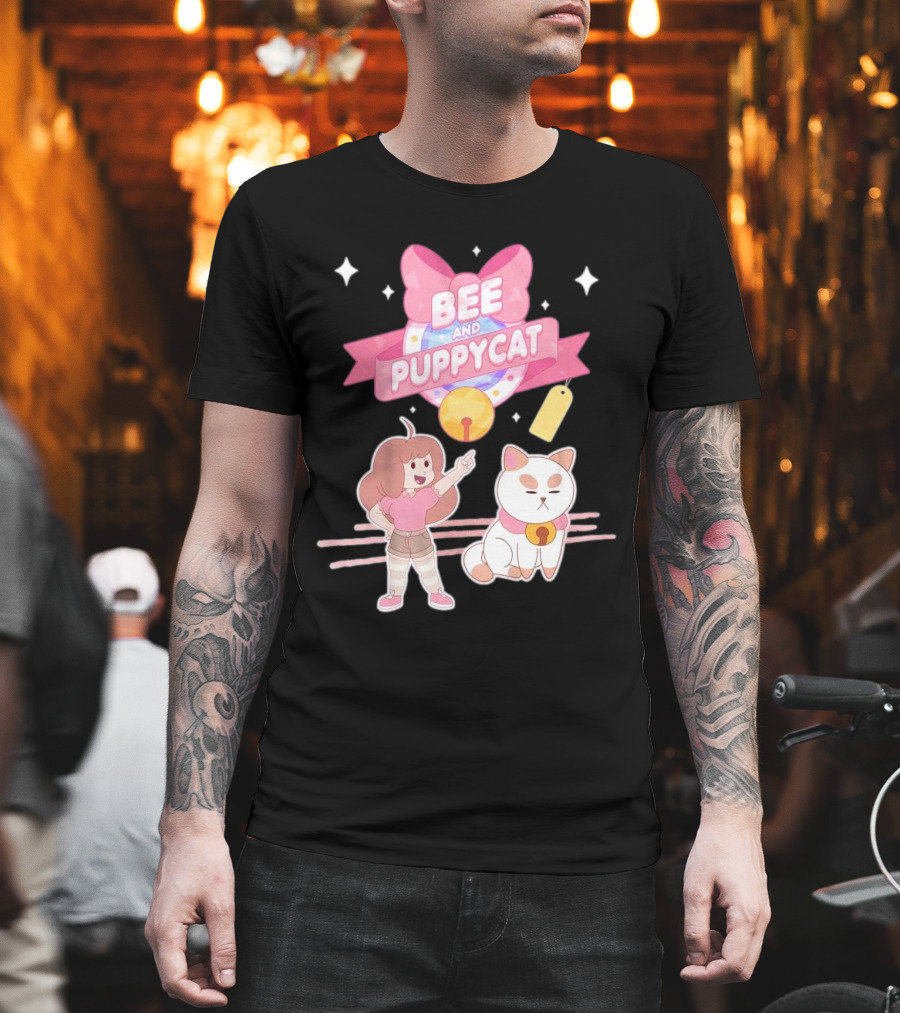 Bee And PuppyCat Cute Cartoon Characters With Pink Bow And Stars T-Shirt