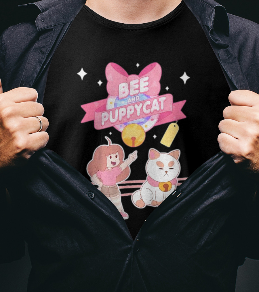 Bee And PuppyCat Cute Cartoon Characters With Pink Bow And Stars T-Shirt