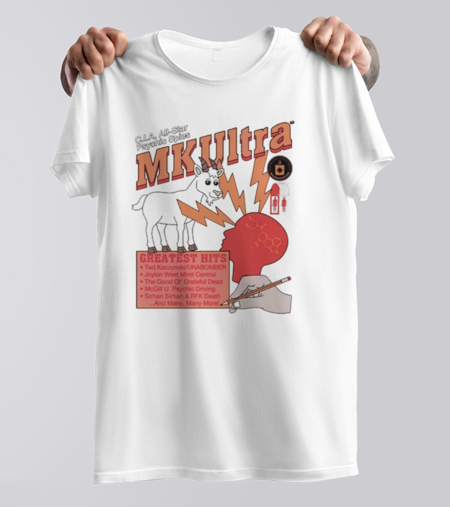 C.I.A All-Star Psychic Spies MKUltra Greatest Hits Ted Kaczynski UNABOMBER Joylon West Mind Control The Good Of Grateful Dead McGill U Psychic Driving Sirhan Sirhan RFK Death T-Shirt