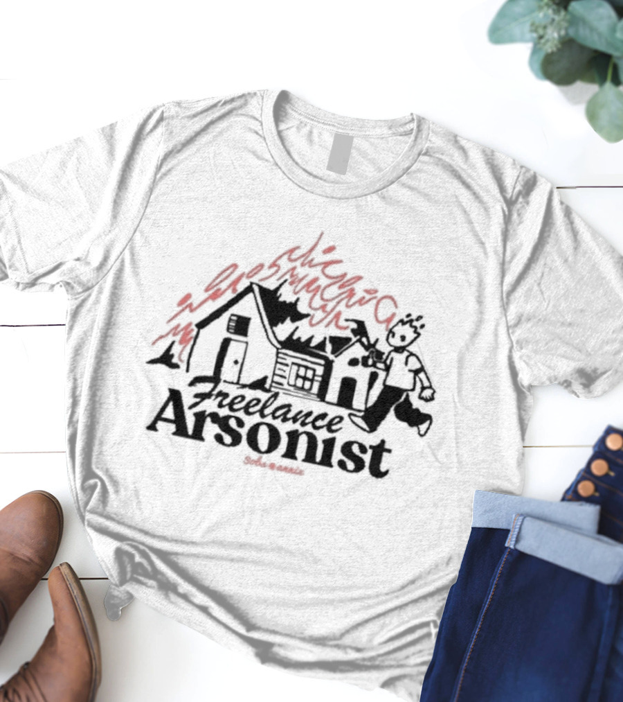 Freelance Arsonist Sobsannix Cartoon Running With Burning House T-Shirt