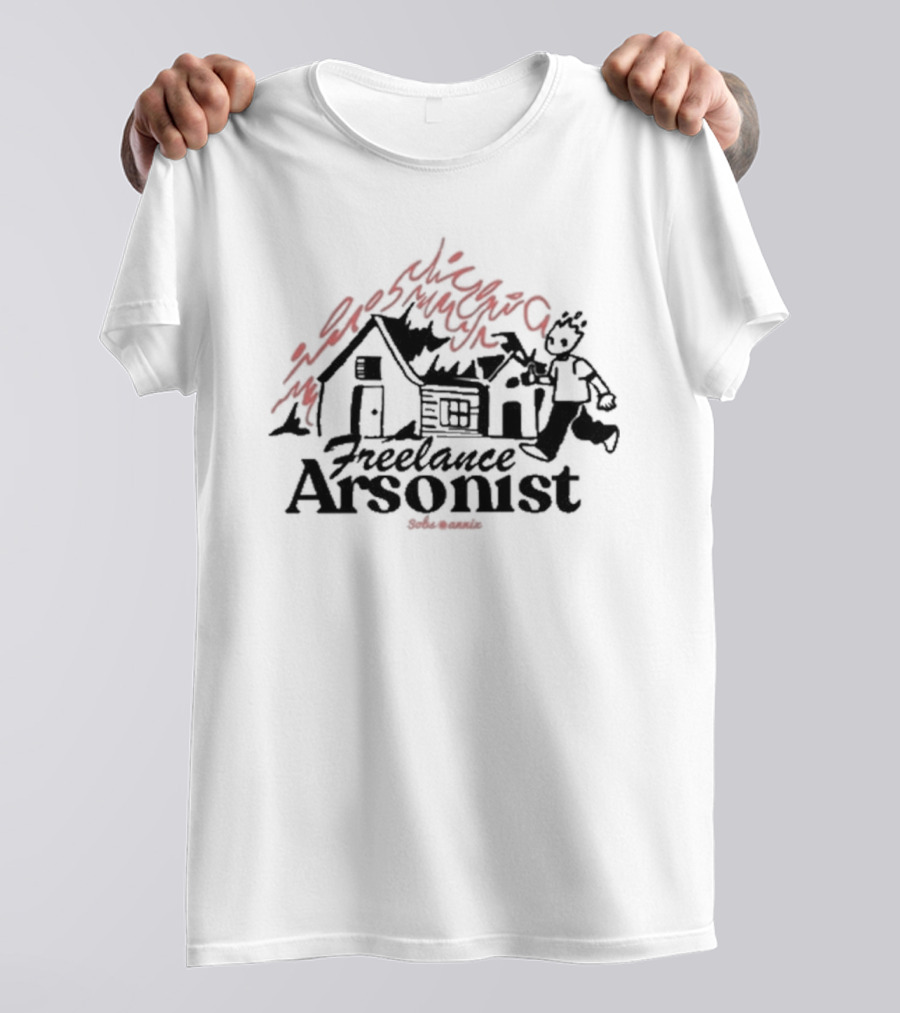 Freelance Arsonist Sobsannix Cartoon Running With Burning House T-Shirt