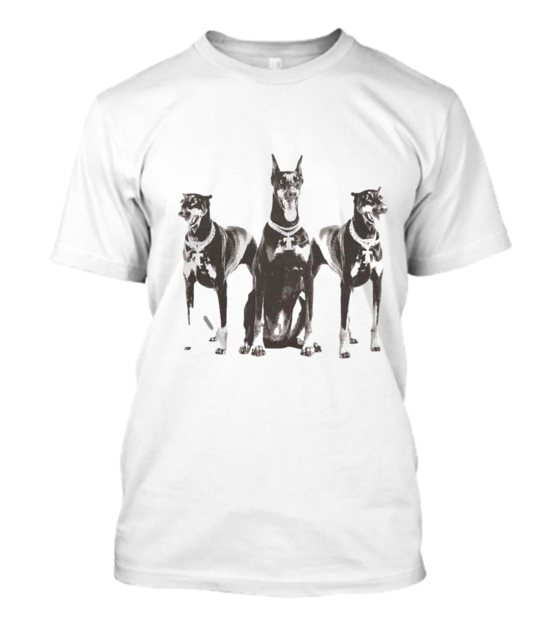 Doberman Dogs Trio In Black And White With Chain Collars T-Shirt
