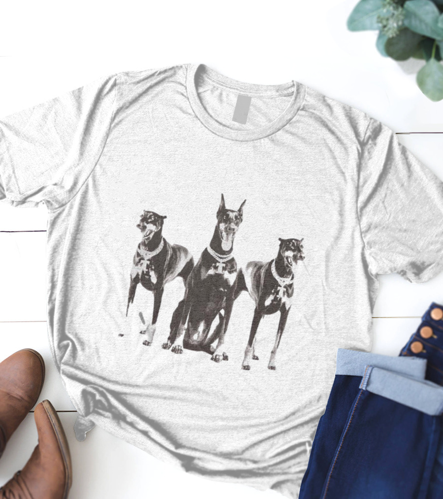 Doberman Dogs Trio In Black And White With Chain Collars T-Shirt