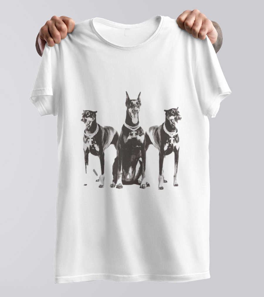 Doberman Dogs Trio In Black And White With Chain Collars T-Shirt
