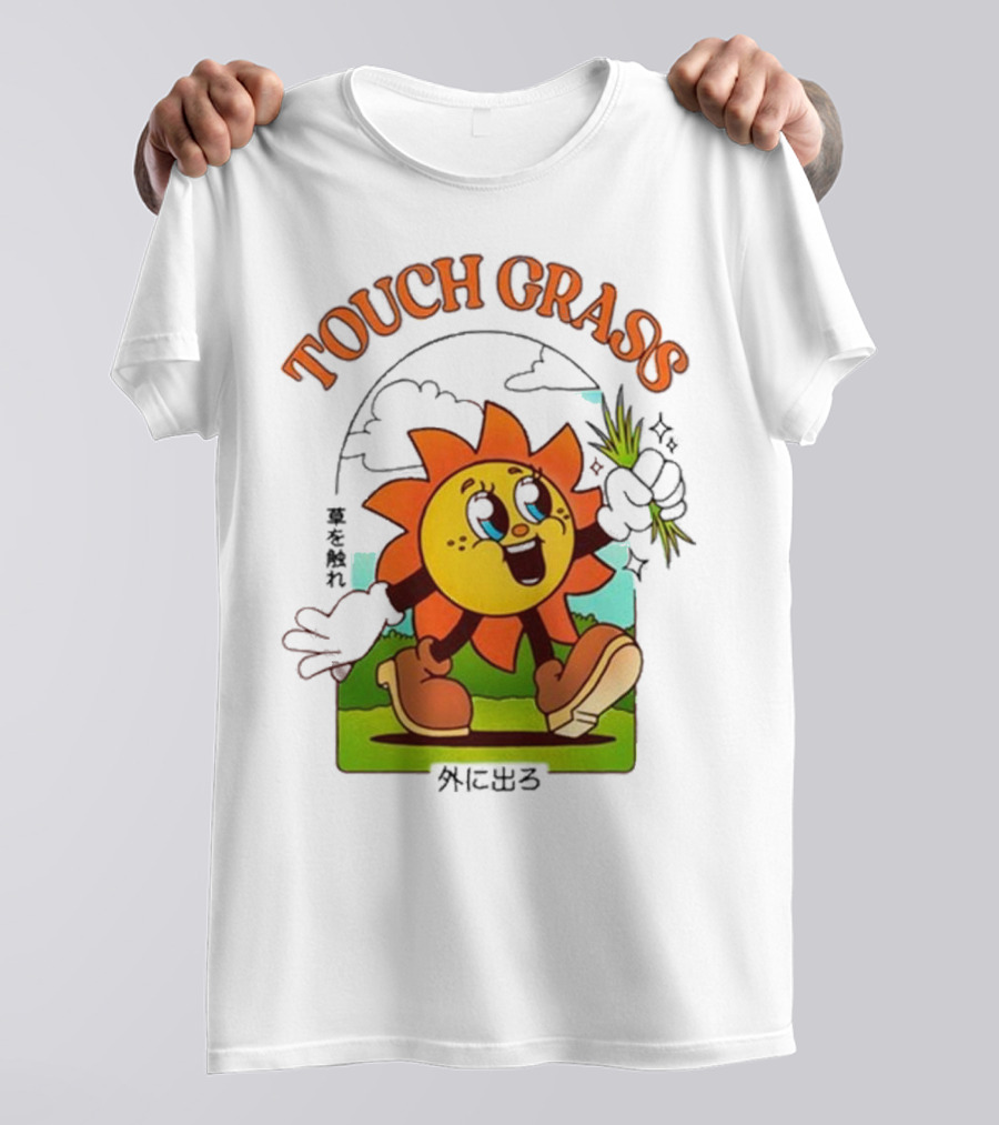 Touch Grass Retro Sun Character Outdoors Japanese Text T-Shirt