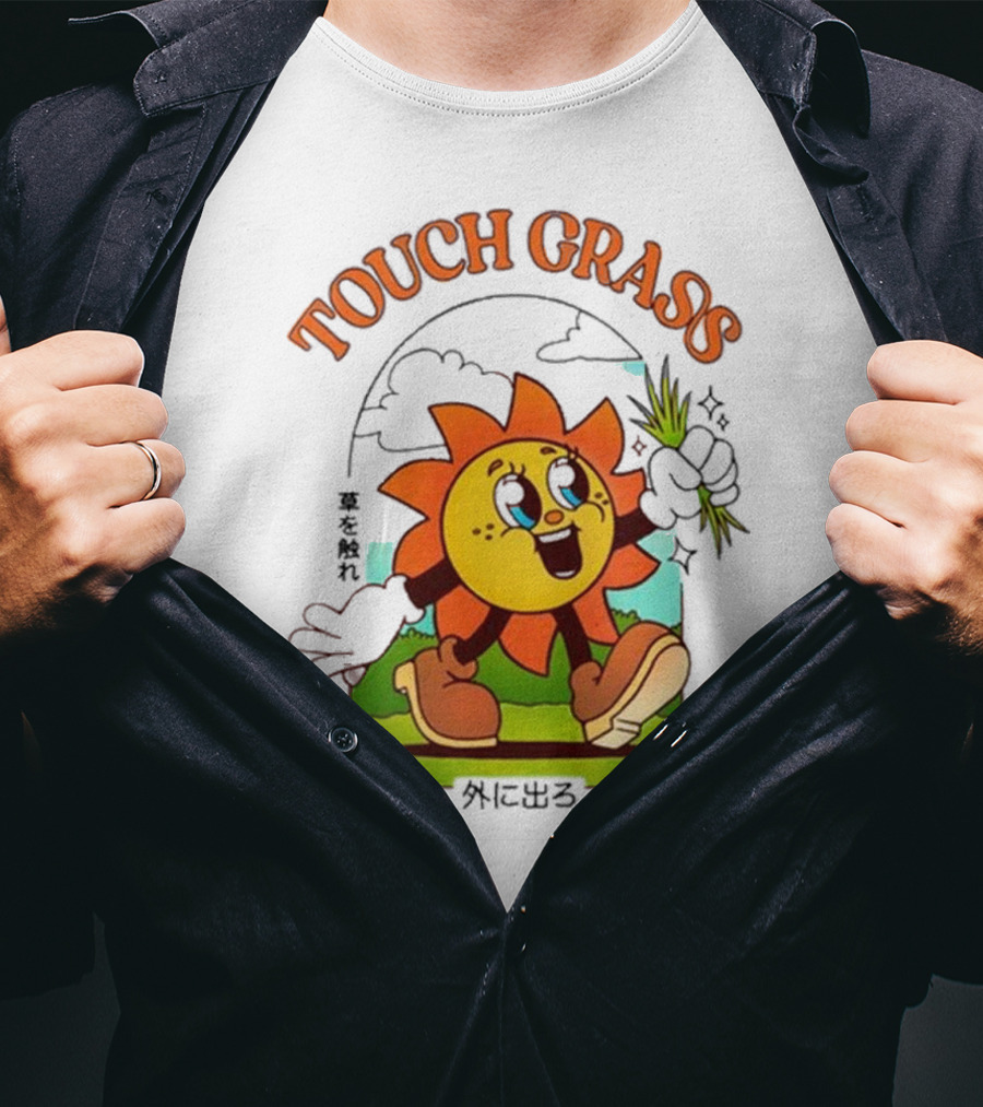 Touch Grass Retro Sun Character Outdoors Japanese Text T-Shirt