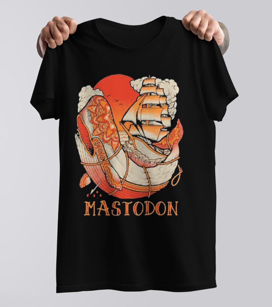 Mastodon Whale Tattoo Ship Against Red Sun T-Shirt