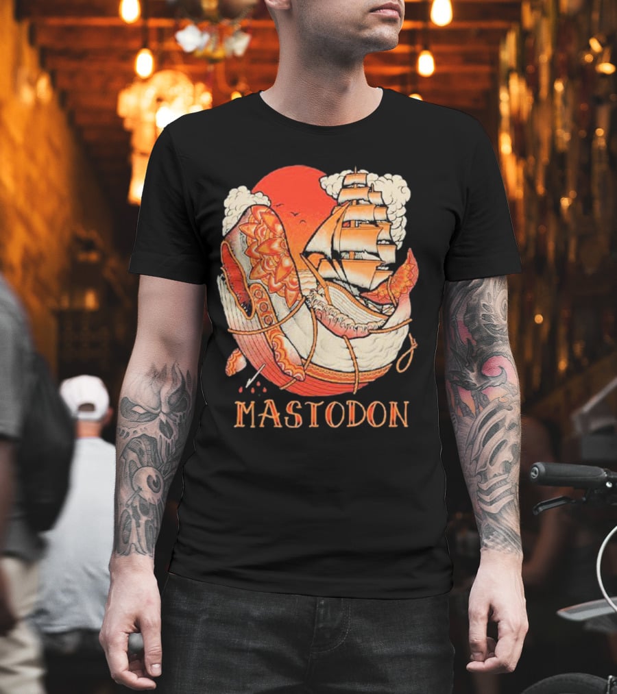Mastodon Whale Tattoo Ship Against Red Sun T-Shirt