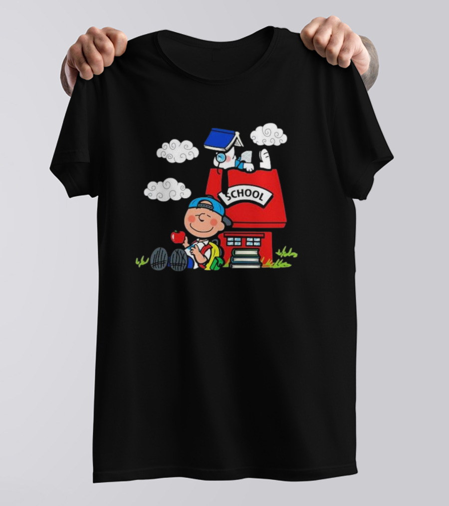 Snoopy School House With Backpack Apple And Clouds T-Shirt