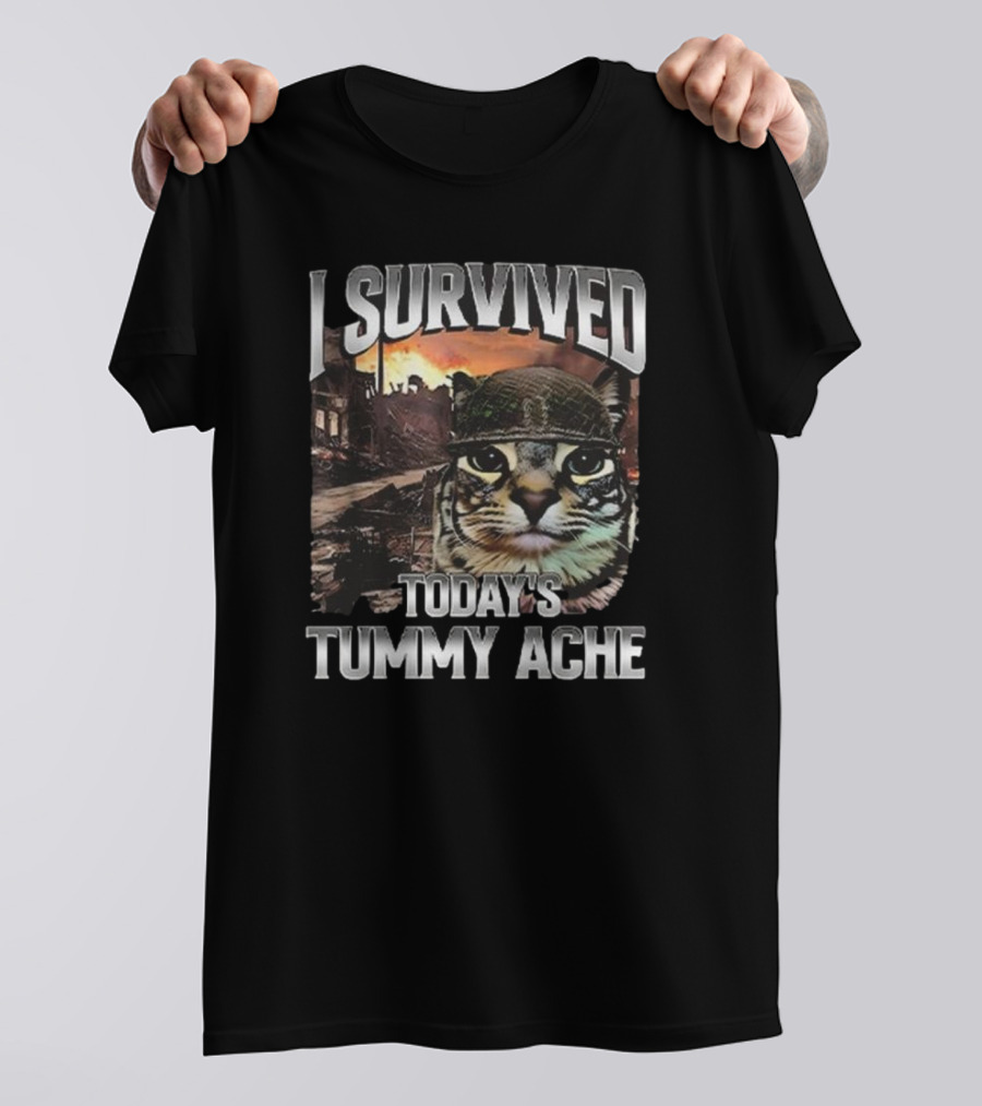 I Survived Today’s Tummy Ache Cat In Soldier Helmet With Warzone Background T-Shirt